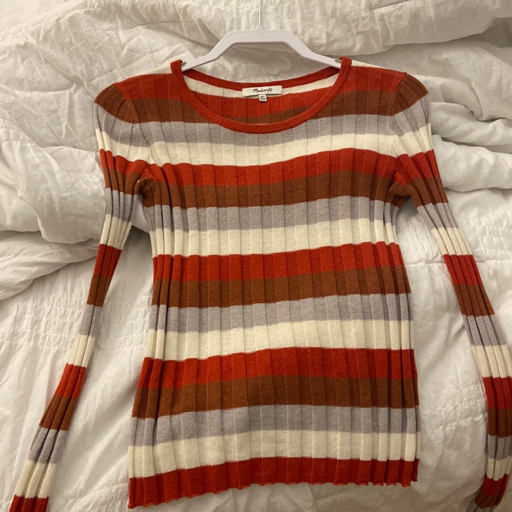 Madewell Orange Brown Striped Fall Flattering Long Sleeve Shirt